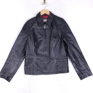 Croft & Barrow Leather Jacket Black Zip Front Collared Medium Sleek Streetwear